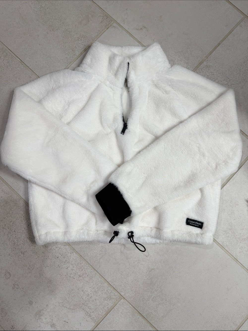 Calvin Klein White Plush Half-Zip Teddy Jacket with Black Cuff Accent